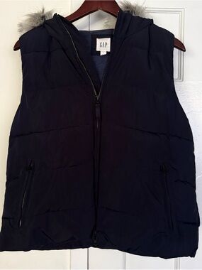 GAP Navy Hooded Puffer Vest with Faux-Fur Trim